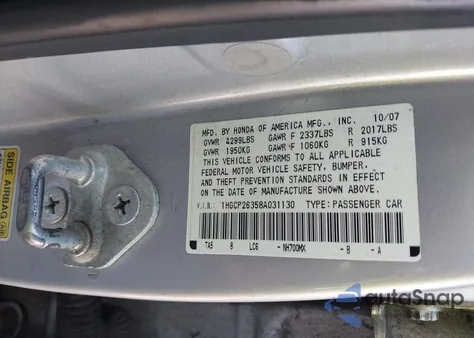 2008 Honda Accord 2.4 Lx z USA, uszkodzony, nr VIN 1HGCP26358A031130